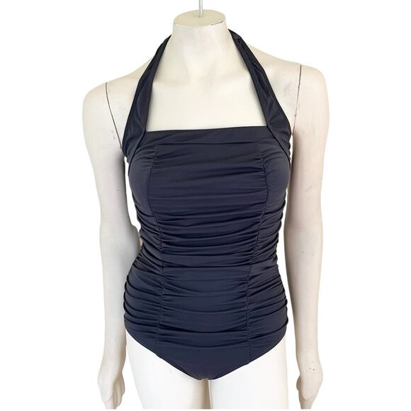 Ruched Front One Piece Halter Swimsuit Bathing Suit in Dark Gray SZ 12 - Picture 1 of 7